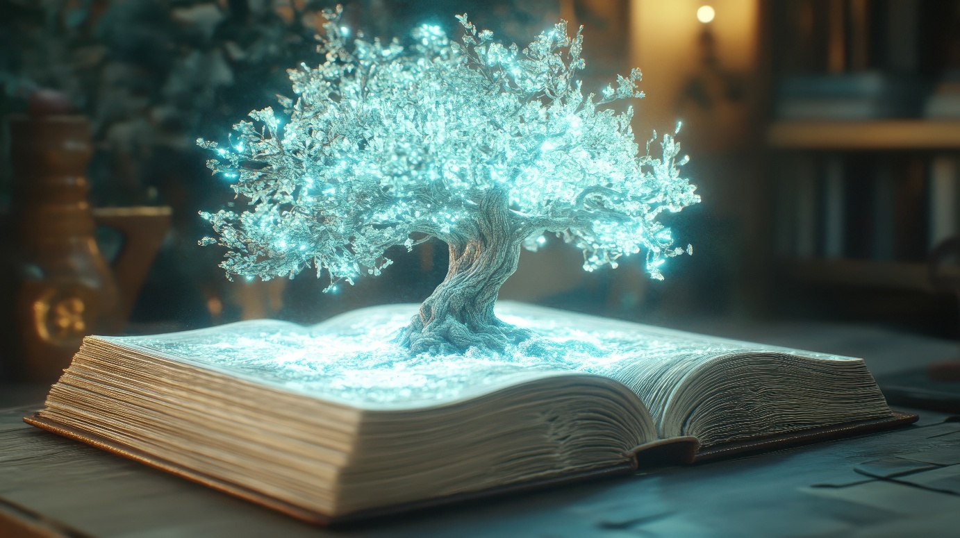 A book with a tree growing out of it